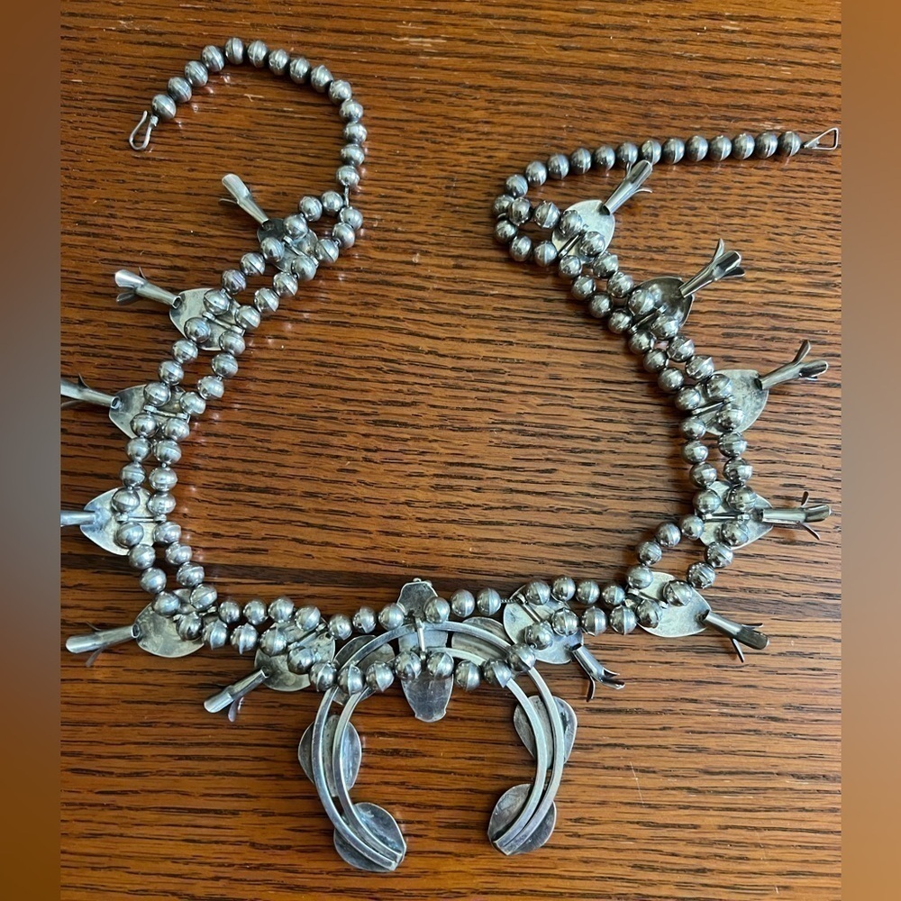 Vintage squash blossom Turquoise pendant necklace silver beaded. Navajo sterling - Picture 5 of 6